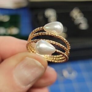 Pearl Faux Gold Tone 3 Layer Ring Size 7.5